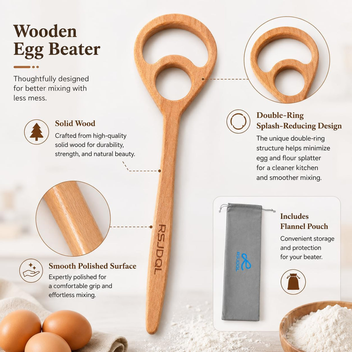 Wooden Danish Dough Whisk for Sourdough &Bread, One-Piece