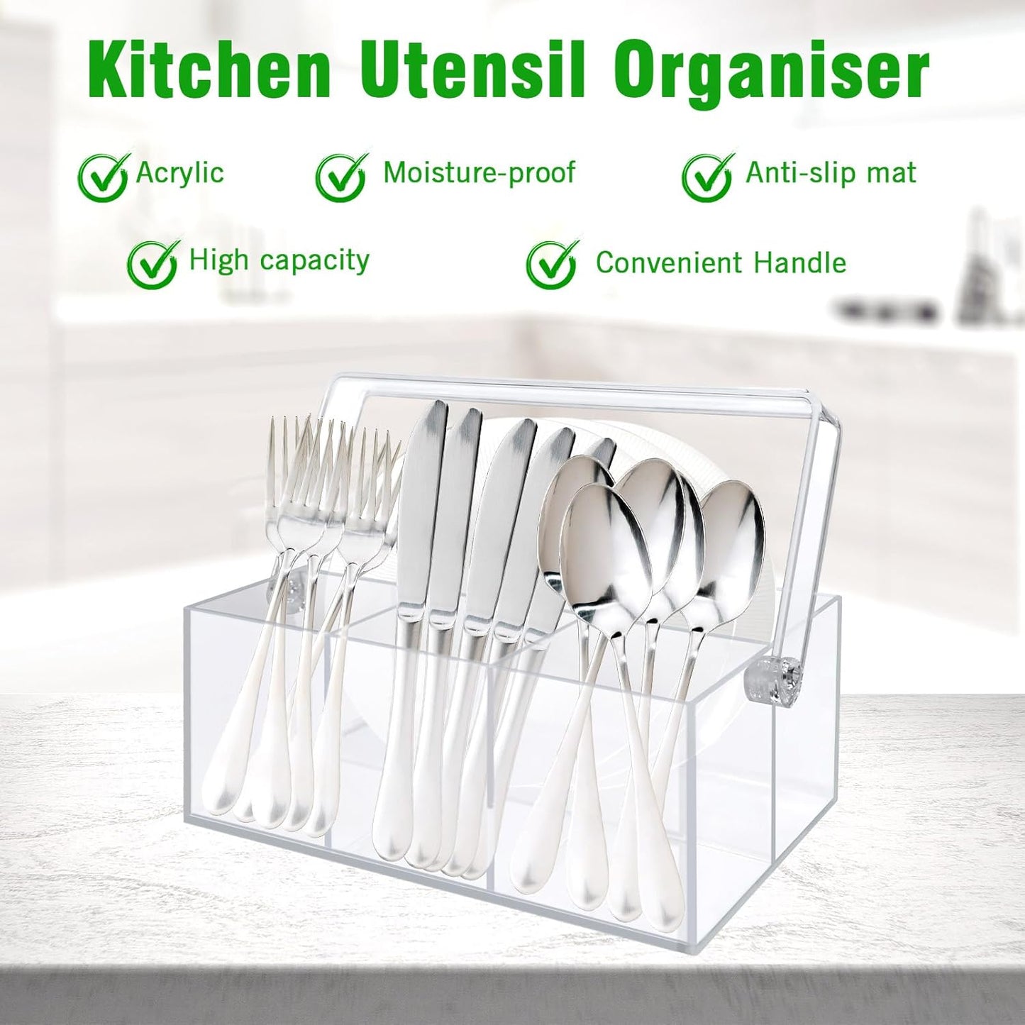 Acrylic Utensil Holder & Silverware Organizer,Space-Saving Heavy-Duty Cutlery Caddy for Spoons,Forks,Knives,Napkins Kitchen Countertop,able,Buffet,Picnic Party (Indoor Outdoor Use)