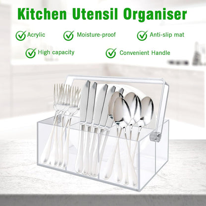 Acrylic Utensil Holder & Silverware Organizer,Space-Saving Heavy-Duty Cutlery Caddy for Spoons,Forks,Knives,Napkins Kitchen Countertop,able,Buffet,Picnic Party (Indoor Outdoor Use)