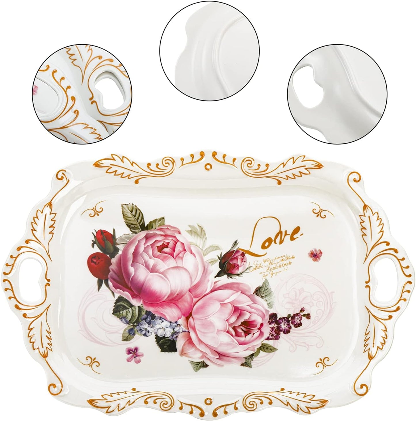 DEAYOU 3-Pack Melamine Serving Tray, Stackable Food Tray with Handles for Eating, Unbreakable Large Serving Platter with Floral Print for Gift, Party, Decor, Home, Restaurant, 16"L x 11"W, Rectangle