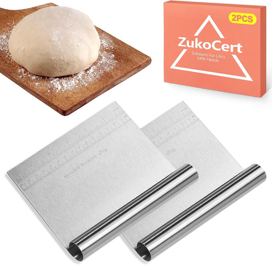 ZukoCert 2-Pack Stainless Steel Bench Scraper – Durable Dough Cutter with Built-In Measuring Ruler (Multipurpose Tool for Pizza, Cake, Baking & Pastry Work, Easy to Clean)