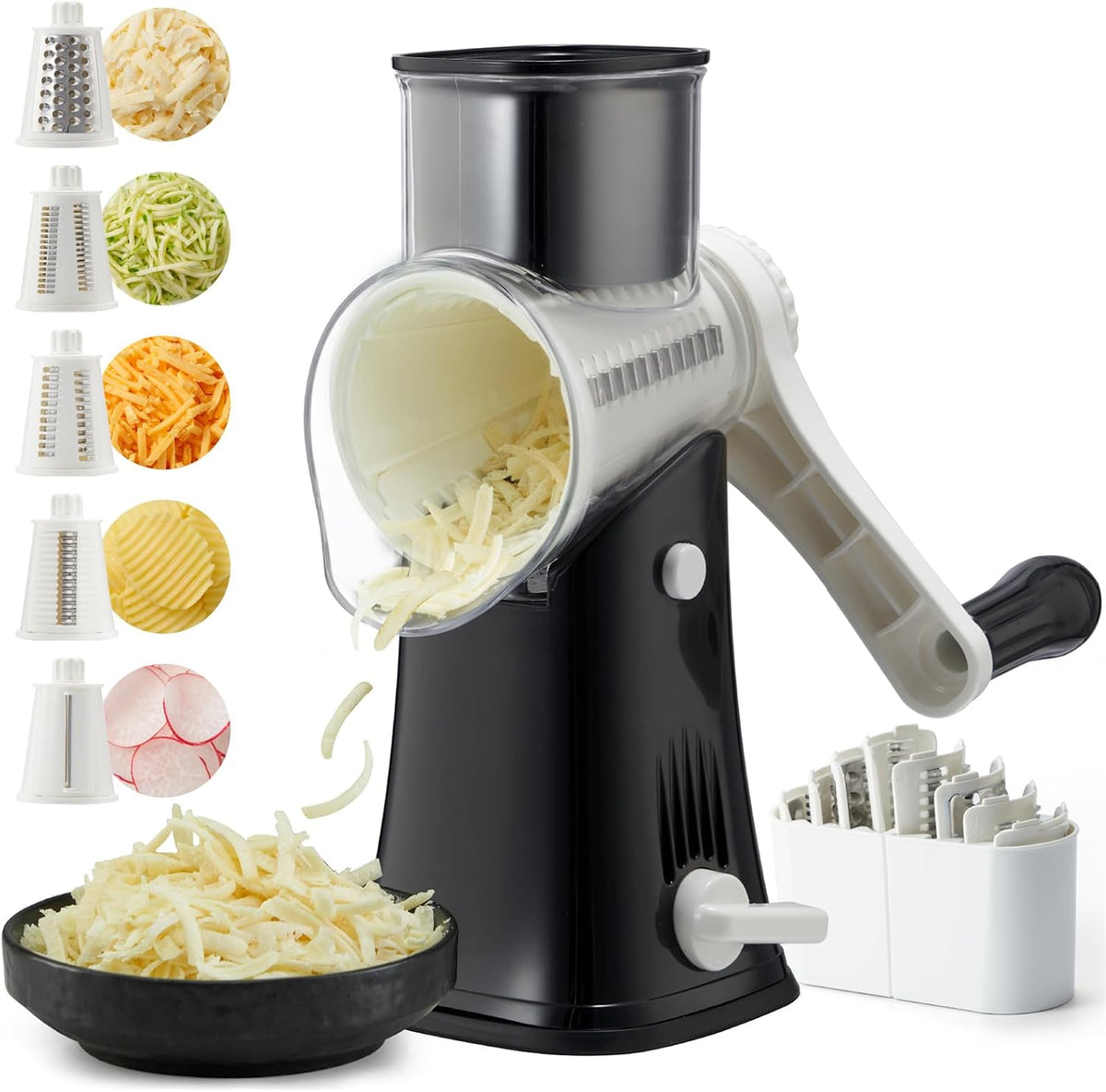Rotary Cheese Grater hand crank 3 blades with Stronger Suction Base | Stainless Steel Blades for Fruits, Vegetables, Nuts. Dishwasher Safe & Easy to Clean, Transparent Black & Blue