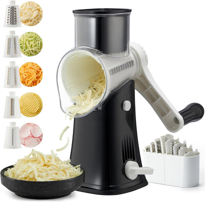Rotary Cheese Grater hand crank 3 blades with Stronger Suction Base | Stainless Steel Blades for Fruits, Vegetables, Nuts. Dishwasher Safe & Easy to Clean, Transparent Black & Blue