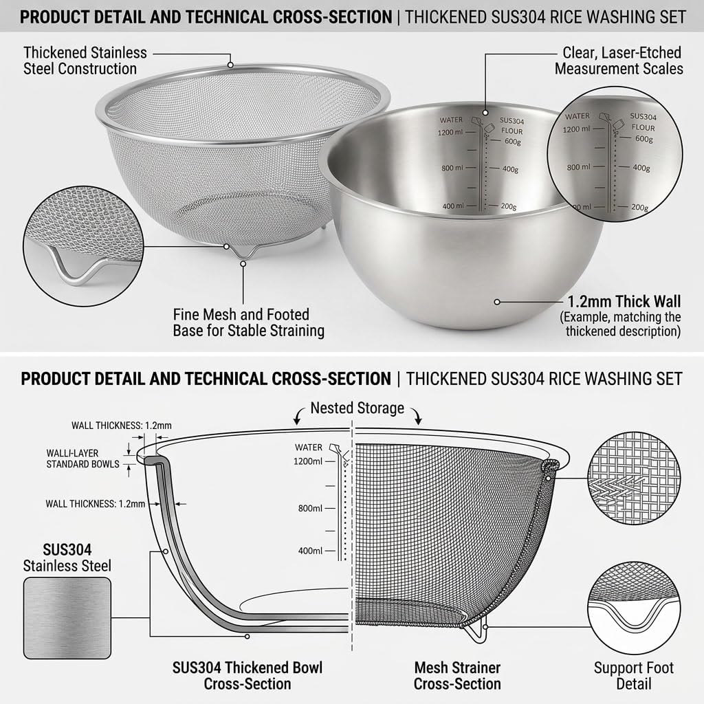 304 Stainless Steel Colander Set, 1.5QT Colander with Bowl, 30-Mesh Micro Perforated Strainer for Rice, Quinoa, Pasta, Fruits & Vegetables,2 pack