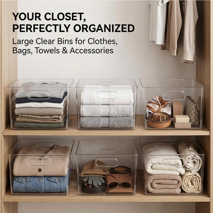 MOONEDGE 4-Pack 10x10x6 Clear Plastic Cube Storage Bins with Handles | Acrylic hard square organizer containers for closet,pantry,fridge,kitchen,bathroom,laundry,under-sink,cabinet organization