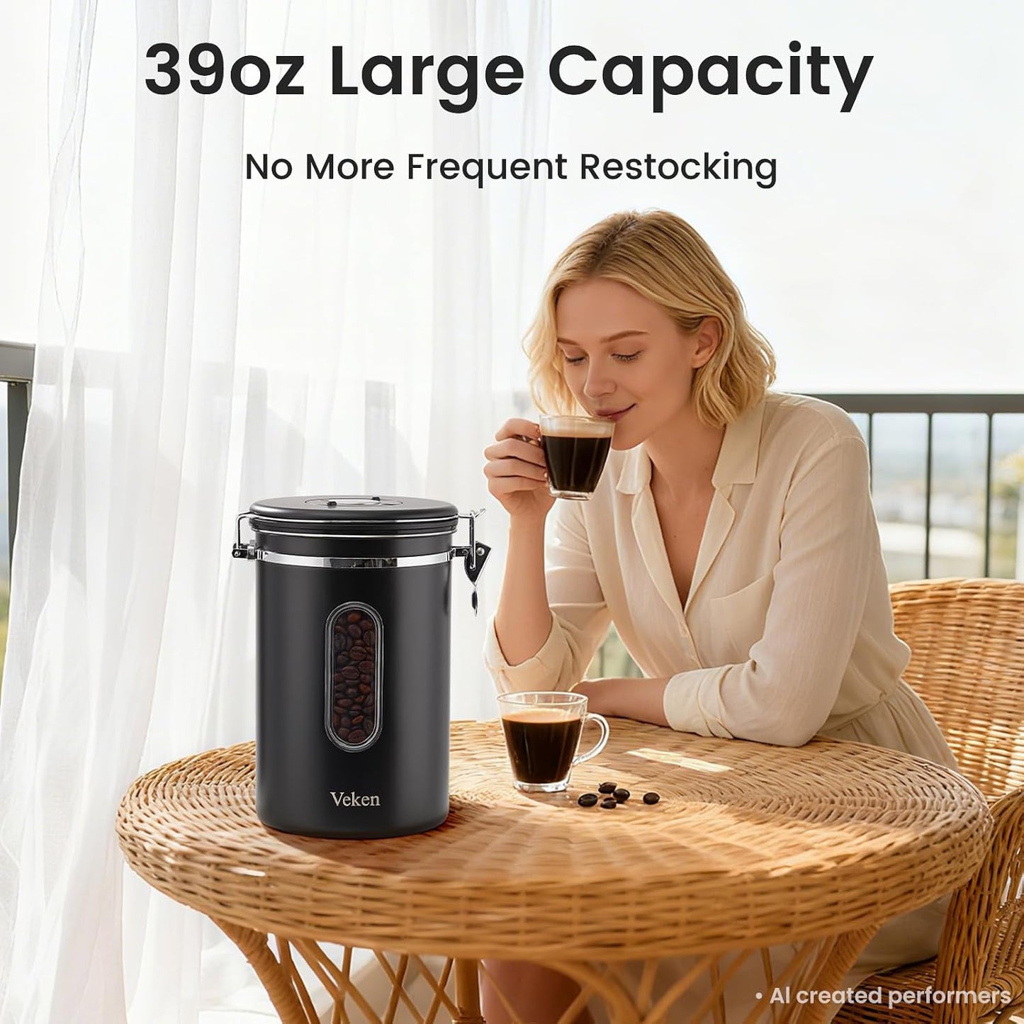 Veken Coffee Canister with Window, Family Choice Awards Winner, Airtight Stainless Steel Home Kitchen Food Storage Container with Lids for Grounds, Beans, Tea, Flour,Cereal,Sugar Jars,Scoop,16OZ,Black