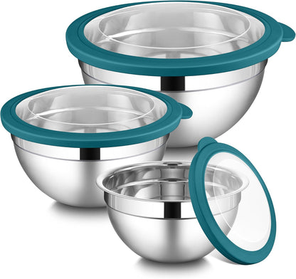 LIANYU Mixing Bowls with Airtight Lids Sets, 3 Packs Stainless Steel Metal Mixing Bowls, Ideal for Prepping, Cooking, Storage, Serving, Freezer & Dishwasher Safe, Khaki