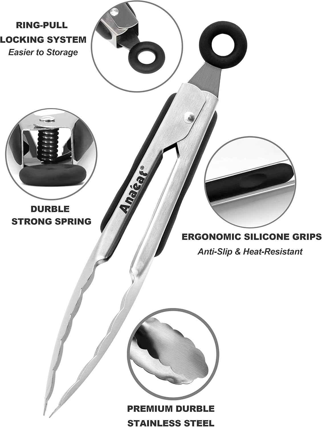 Anaeat Premium Kitchen Locking Tong Set of 3 - Heavy Duty Stainless Steel Food Tongs with Long Handle & Non-Slip Silicone Grip for Cooking, Baking, Grilling - Heat Resistant up to 480°F
