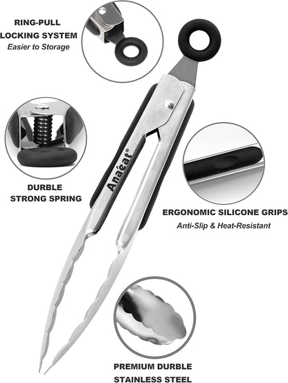 Anaeat Premium Kitchen Locking Tong Set of 3 - Heavy Duty Stainless Steel Food Tongs with Long Handle & Non-Slip Silicone Grip for Cooking, Baking, Grilling - Heat Resistant up to 480°F