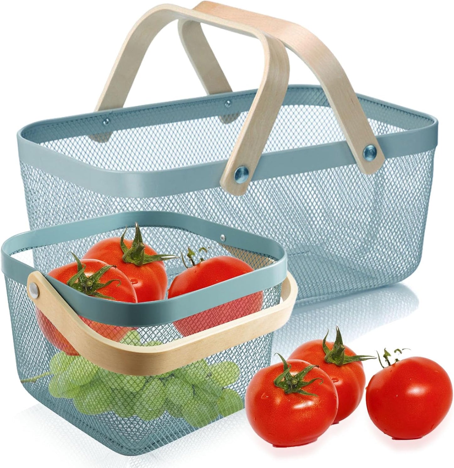 Cheardia 2 Pack Picnic Baskets, Metal Mesh Harvest Basket with Foldable Wooden Handle, Rectangle Garden Storage Basket Bin for Vegetable Fruit Garden Kitchen Cabinet Picking Gathering