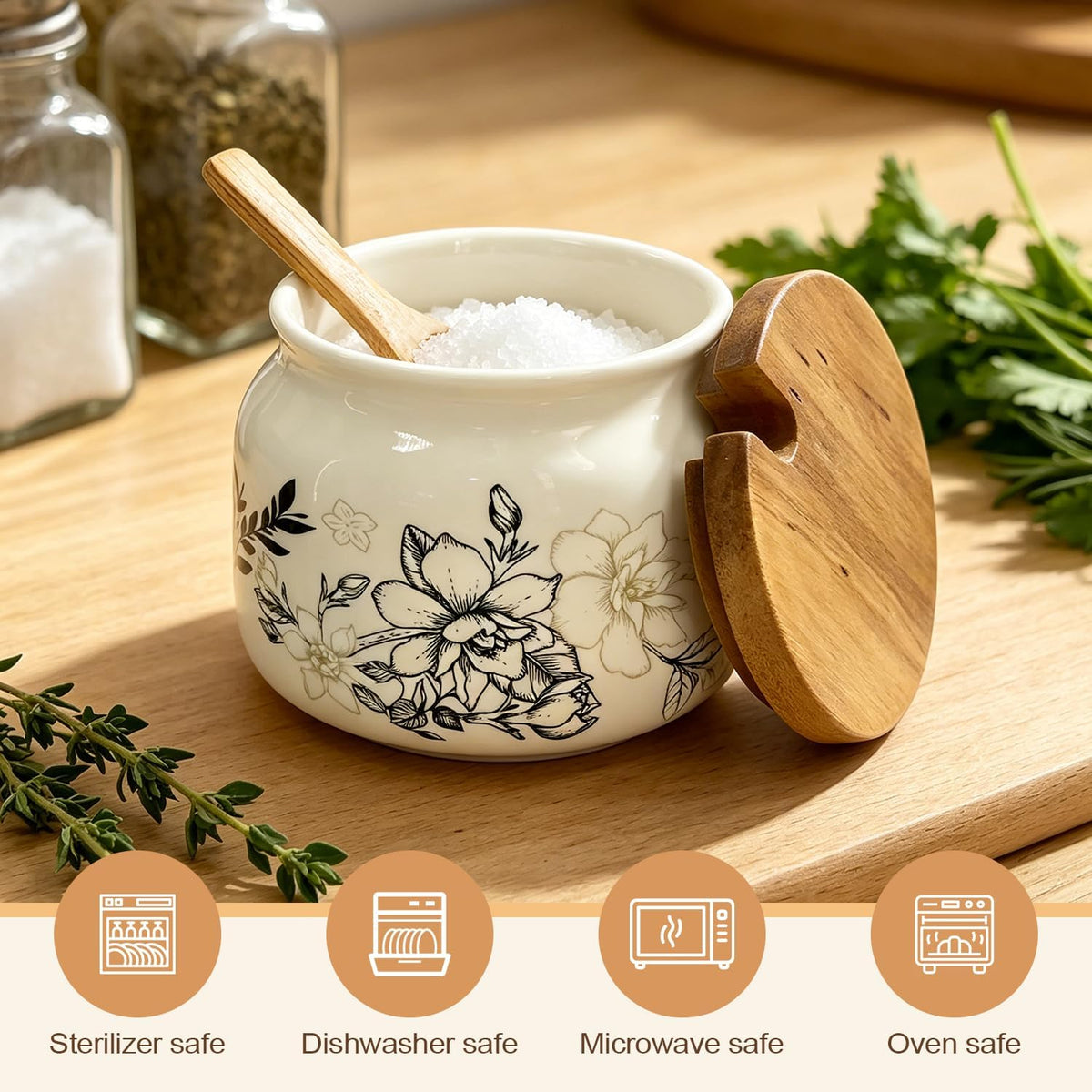 Ceramic Salt Cellar Bamboo Lid Spoon 3.5" Wide 12oz