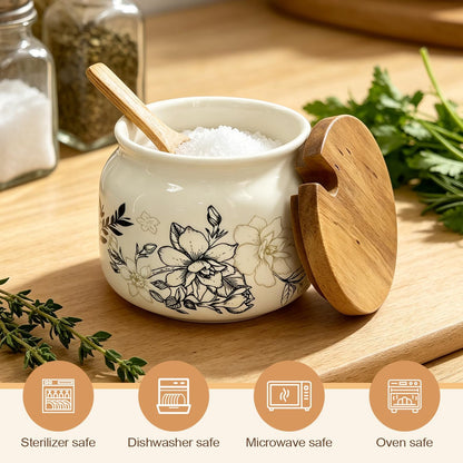 Ceramic Salt Cellar Bamboo Lid Spoon 3.5" Wide 12oz