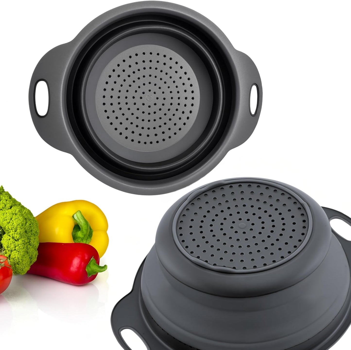 3PCS Green Foldable Kitchen Strainer Set – Silicone Colander Collapsible Strainers and Colanders Green Collander for Kitchen Collapsible Compact Drain Tools for Cooking Prep