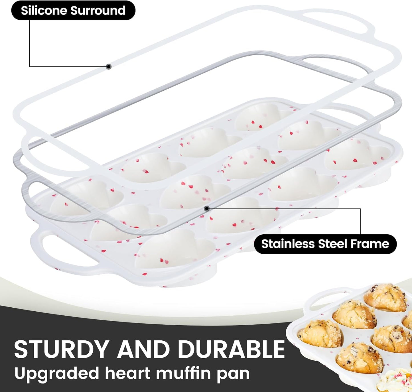 Vinino 2Pack Silicone Muffin Pan for Baking with Metal Reinforced Frame, 12 Cup Regular Size Cupcake Pan, BPA Free Silicone Muffin Tray, Cupcake Baking Pan Bite Molds for Oven Dishwasher Safe