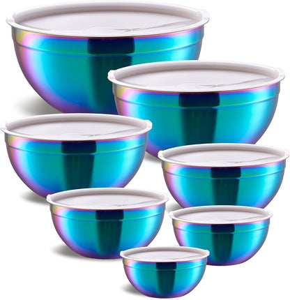 Pink Mixing Bowls with Airtight Lids, Stainless Steel Nesting Mixing Bowls Set of 7, Ideal for Baking, Prepping and Serving Food, Size 7, 3.6, 2.7, 2.1, 1.5, 1.1,0.8 QT, Stackable Design