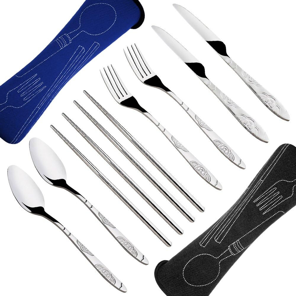 SENHAI 8 Pieces Flatware Sets Knife, Fork, Spoon, Chopsticks, 2 Pack Rustproof Stainless Steel Tableware Dinnerware with Carrying Case for Traveling Camping Picnic Working Hiking