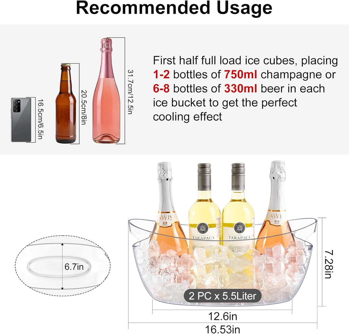 Ice Buckets for Parties 2 Packs,Portable Ice Bucket with Scoops, Thick Champagne Cooler,Drink Buckets for Cocktail Bar,Mimosa Bar Supplies,Beverage Tub Chiller for Wine,Beer (Clear, 5.5L)