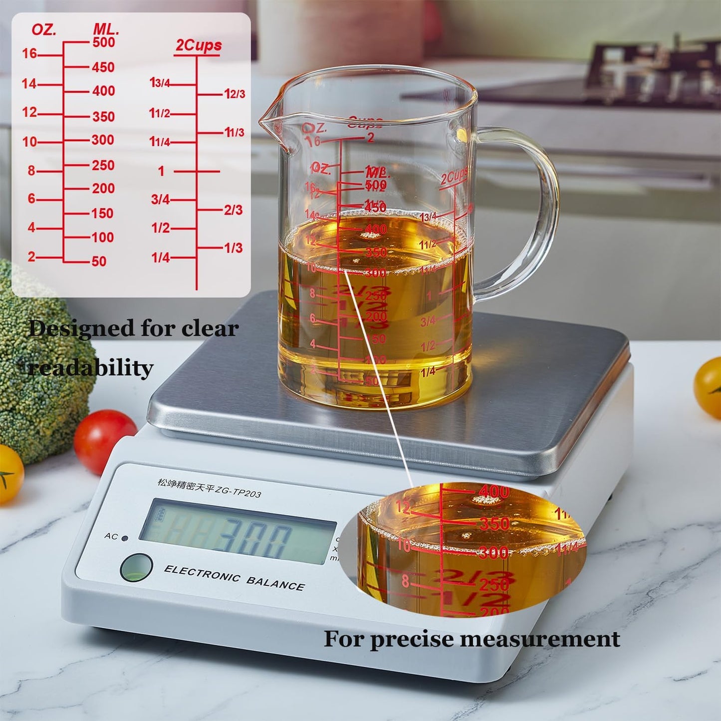 Ackers BORO3.3 Measure Glass -[Insulated handle | V-Shaped Spout]-Made of High Borosilicate Glass Measuring for Kitchen or Restaurant, Easy to Read, 60 ML (2 Oz) 丨(2 Pack)