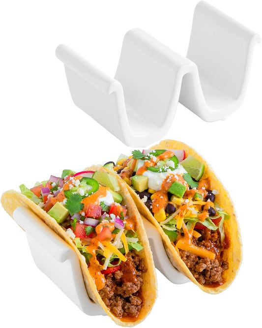 Ceramic taco holder (2 Pack) soft taco holders, Holds 4 tacos, wrap server for oven and Kitchen, For Hard and Soft Shell, Dishwasher & Microwave Safe (White)