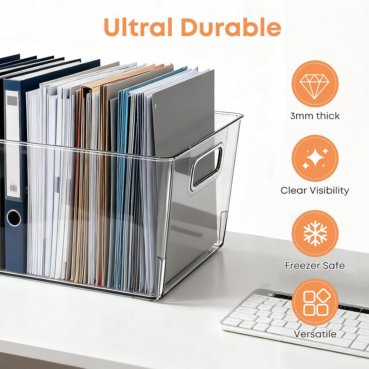 MOONEDGE 4 Pack Clear Plastic Organizer Bins, 2 Large & 2 Small Storage Set | Storage Bins for Pantry, Space-Saving Organizer Containers for Cabinets, Under-Sink, Bathroom, Kitchen, Freezer, Home Storage