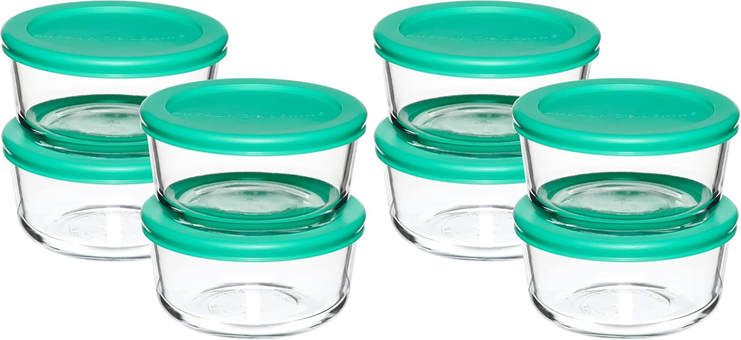 Anchor Hocking 2 Cup Glass Storage Containers with Lids, Set of 4 Glass Food Storage Containers with Mint SnugFit Lids