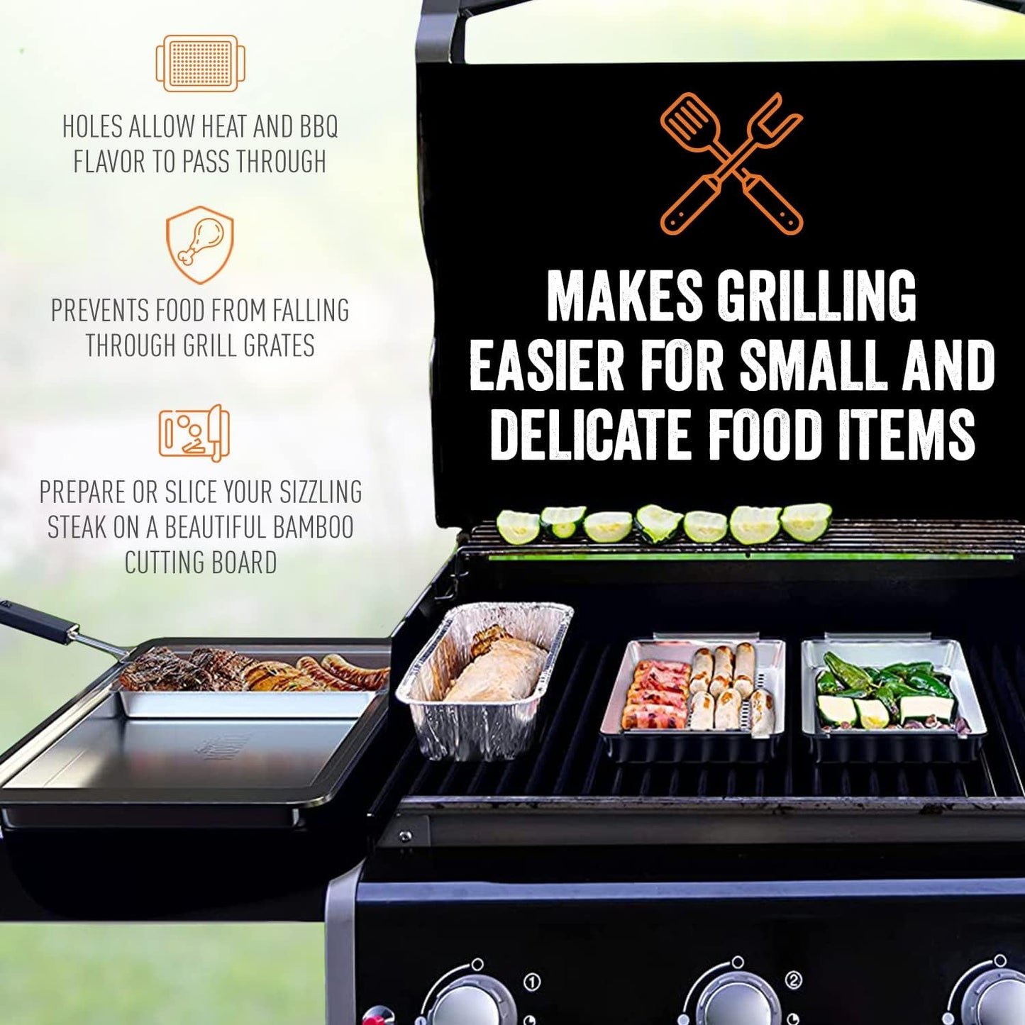 Yukon Glory™ BBQ 'N SERVE Premium Set, Includes 3 Grill Baskets, Serving Tray, Bamboo Cutting Board, Plastic Lid and Clip-on Handle