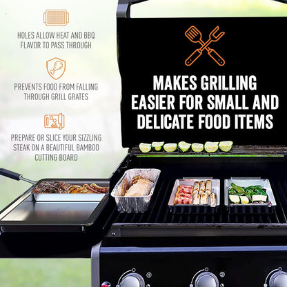 Yukon Glory™ BBQ 'N SERVE Premium Set, Includes 3 Grill Baskets, Serving Tray, Bamboo Cutting Board, Plastic Lid and Clip-on Handle