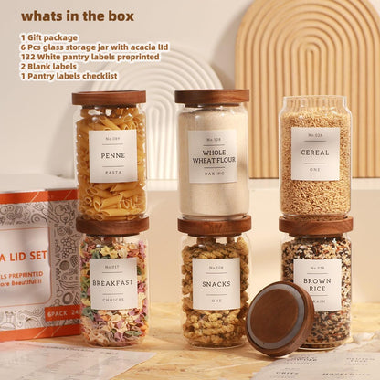 2 Pack Large Glass Flour and Sugar Storage Containers with Airtight Acacia Wood Lids and 132 Kitchen Pantey Labels Preprint - 1 Gallon Borosilicate Glass Canister Sets for Food,Pasta,Cookie,Rice