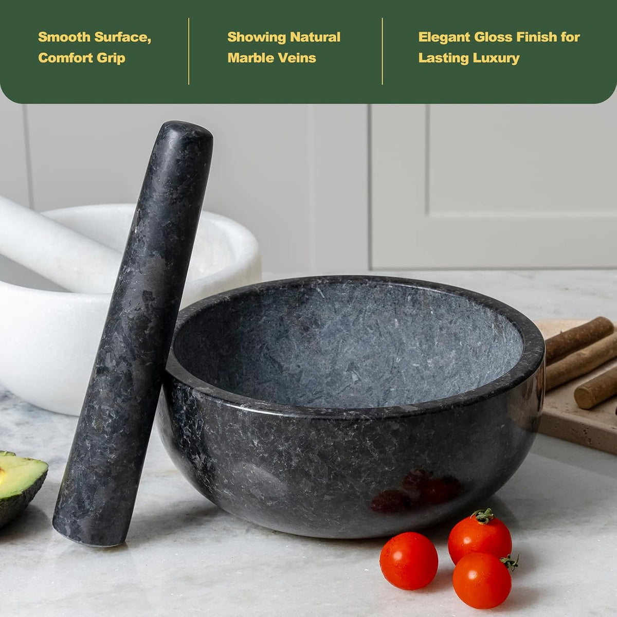 Koville Luxury Marble Mortar and Pestle Set, 7"-4cups Grinder Bowl for Guacamole, Salsa, Pill Crusher, Spice, Herb, Garlic, Nut, Heavy Duty Grinder for Kitchen