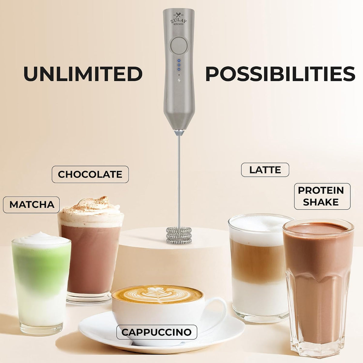 Zulay Kitchen Rechargeable Milk Frother Handheld - Frother Wand, Drink Mixer, Electric Whisk Frother, for Cappuccinos, Matcha & Protein Powder - Dynamic 3 Whisk, 3 Speed 500mAh Black - Colors B