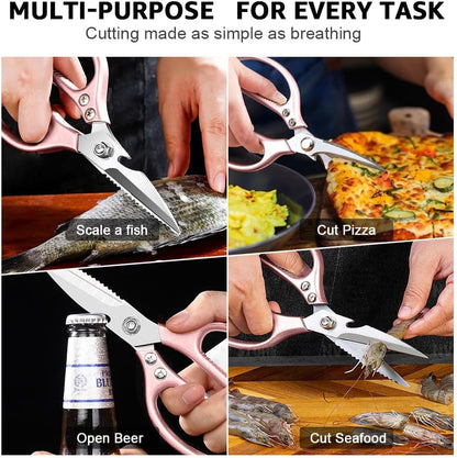 ONEBOM Kitchen Shears 2 Pack,Multi-Function Kitchen Scissors Heavy Duty Sharp 304 Stainless Steel, Apartment Kitchen Accessories Cooking Shears for Chicken,Meat,Fish,Poultry(Sliver)