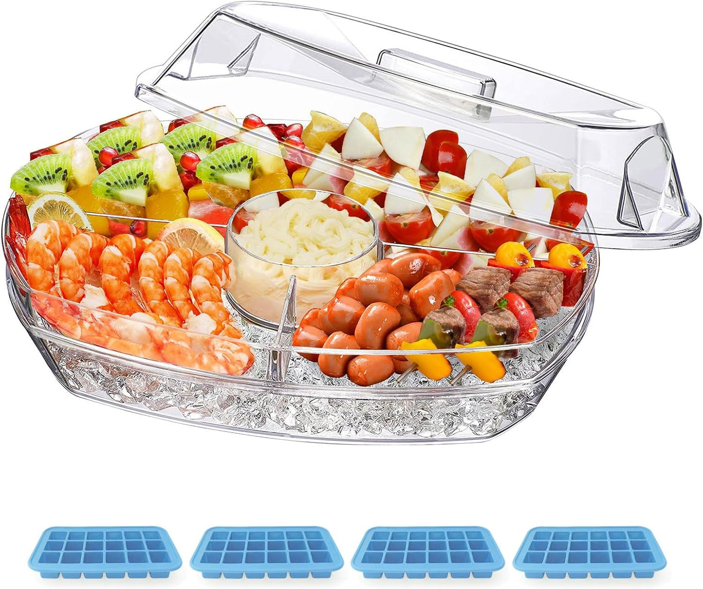 INNOVATIVE LIFE Appetizer Serving Tray on Ice, 15 Inch Party Platter with 4 Ice Cube Tray, Kitchen Chilled Food Bowl with Compartment and Lids for Shrimp, Fruits, Vegetables, Salads, Sushi, Clear