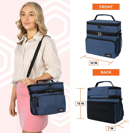 opux Insulated Lunch Bag for Men Women, Large Dual Compartment Cooler Bag, Soft Two Deck Lunch Box for Work School Picnic, Leakproof Lunch Tote with Shoulder Strap for Kid Adult (Purple, Double Deck)
