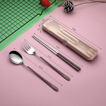 DEVICO Portable Utensils, Travel Reusable Silverware Flatware Set for Lunch, 18/8 Stainless Steel 4-Piece Camping Cutlery Include Fork Spoon Chopsticks with Case (Green)