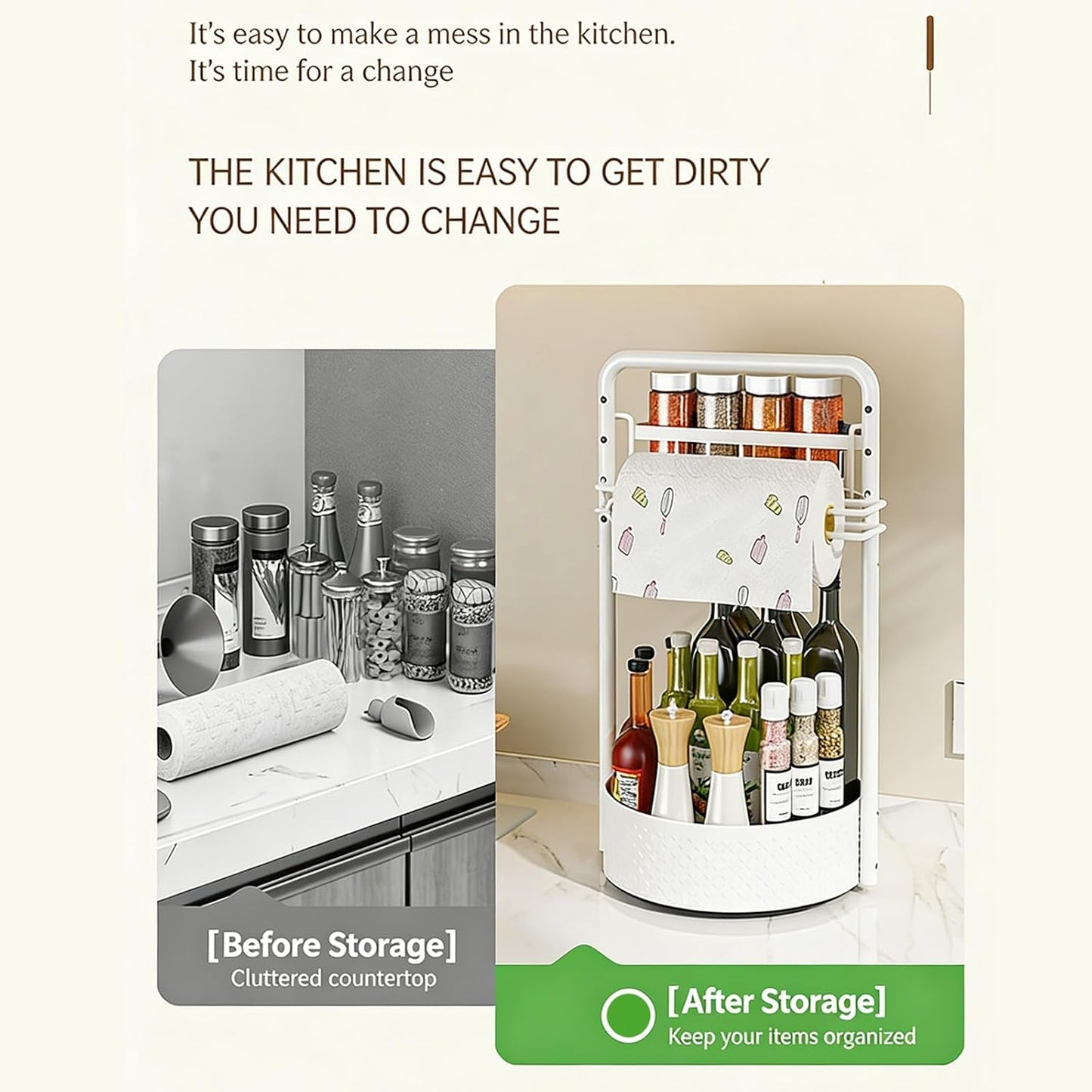 Double Layer Condiment Rack Organizers With 360 Degree Rotating Base And Detachable Paper Towel Holder Seasoning Bottle