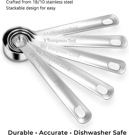 KEAWELL Premium 10-Piece 18/10 Stainless Steel Measuring Cups ans Spoons Set – Durable, Stackable, Dishwasher Safe – Nesting Design for Baking & Cooking (Silver, Measuring Cups & Spoons)