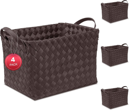 15L Laundry Baskets Waterproof Storage Baskets For Shelves Large Laundry Hamper With Leather Handle -set of 4 Cube Organizers Woven Bins for Bathroom,Bedroom,Pantry,Clothes,Car & Towels-Brown