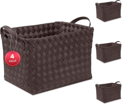 15L Laundry Baskets Waterproof Storage Baskets For Shelves Large Laundry Hamper With Leather Handle -set of 4 Cube Organizers Woven Bins for Bathroom,Bedroom,Pantry,Clothes,Car & Towels-Brown