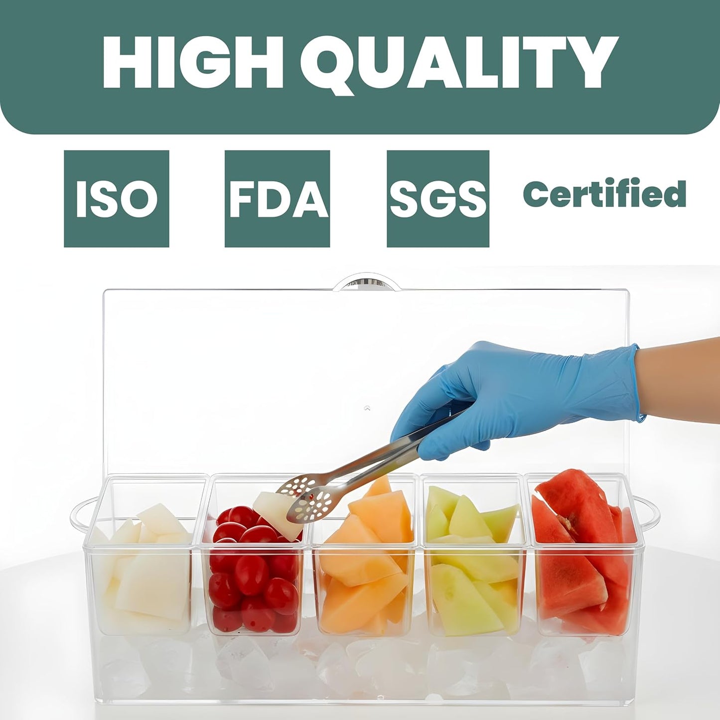 𝐋𝐚𝐫𝐠𝐞 Ice Chilled Condiment Server Caddy with 5 Removable Compartments (2.5 Cup), Clear Garnish Tray with Lids – Fruit, Salad, Taco, Bar Platter – Free Stainless Steel Accesories