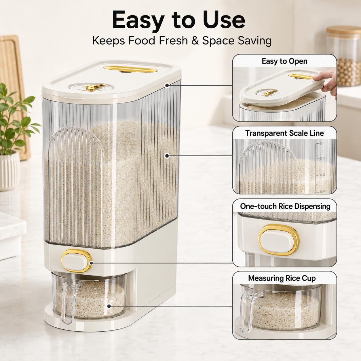 22-Pound Transparent High-Capacity Rice Bin Features a Lid, Time Scale, and Measuring Cup，a Sealed Moisture Proof Grain Storage Container Suitable for Storing Rice, Corn, and More. (22, Pounds)