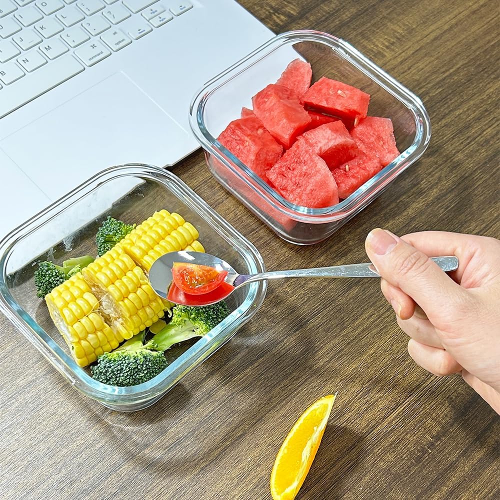16oz Square Glass Food Storage Containers With Lids, 2 Cup Square Glass Food Containers With Lids, BPA free Small Meal Prep Bowls for leftovers, Dishwasher, Freezer Safe (8Pack)