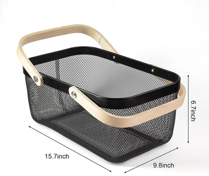 Portable Garden Harvest Basket-Mesh Design Natural Bamboo Handle Wire Storage Baskets,Mesh Basket with Handle Organize Items Reduce Space Occupation,Suitable for Kitchen,Garden,Picnic(Black)