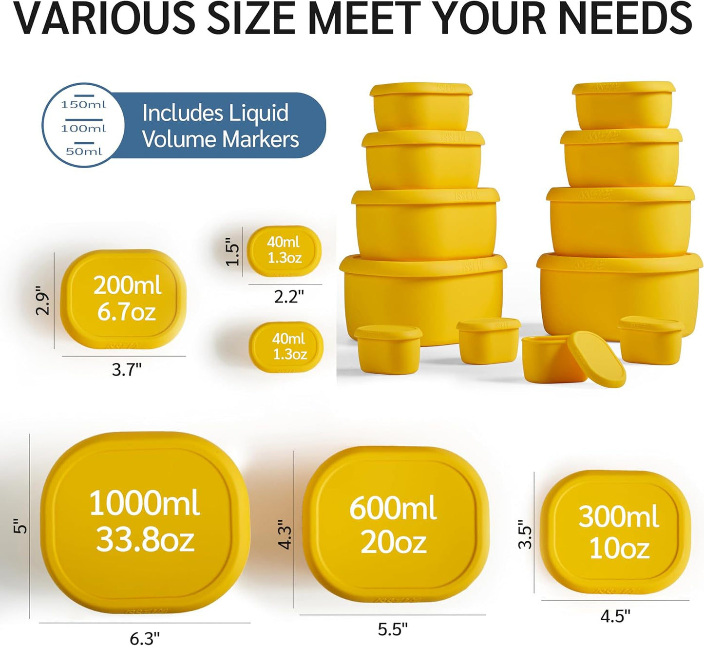ISSEVE 12Pcs/Set Nesting Silicone Food Storage Containers with Lids, BPA Free Reusable Meal Prep Silicone Containers Airtight, Freezer Dishwasher Safe (33.8oz, 20oz, 10oz, 6.7oz, 1.3oz) (Beige)