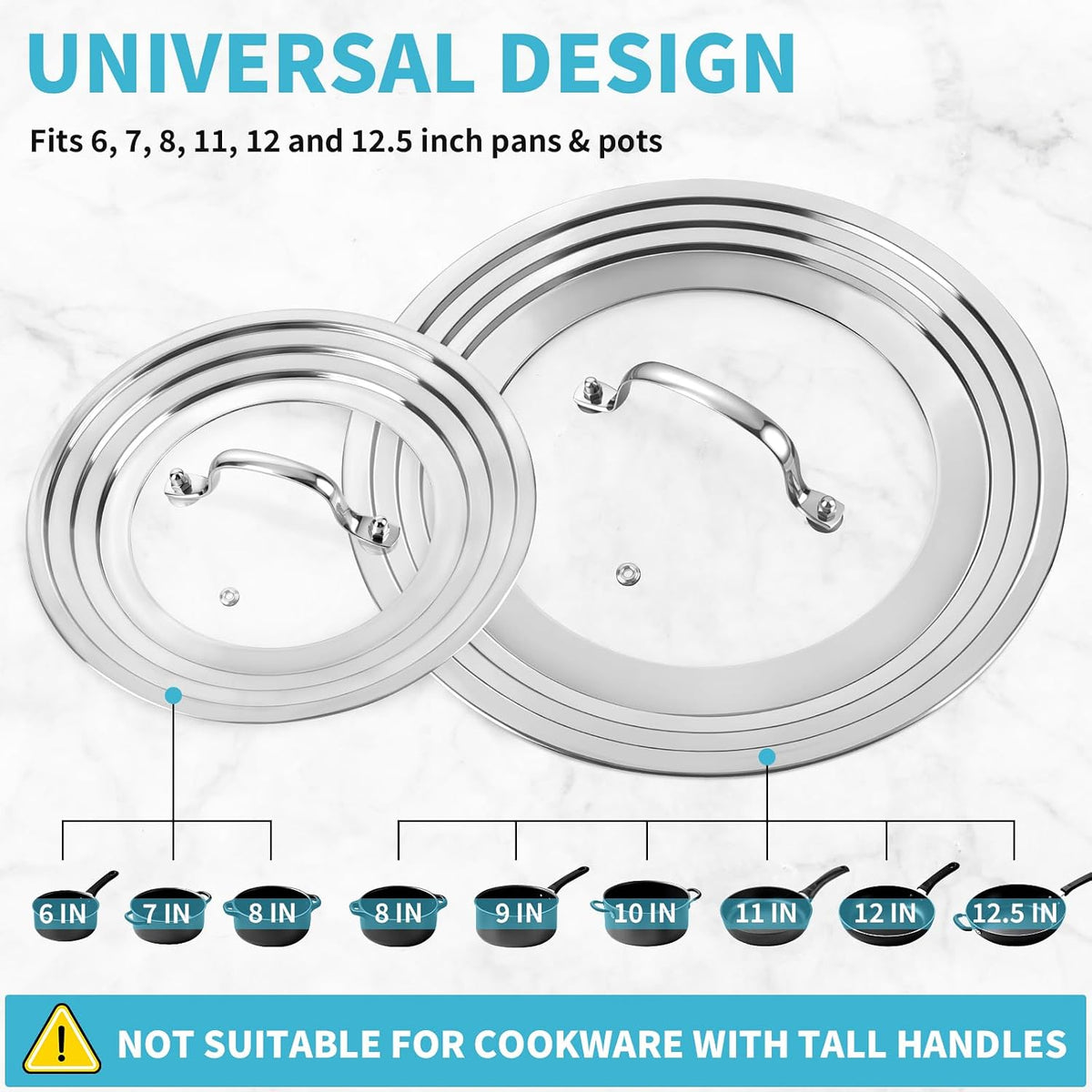 2 Pack Universal Lid for Pot & Pan, Glass Pan Lids Fits 6" -12.5" Cookware