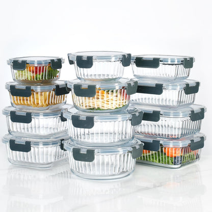 12-Piece Vertical Stripe Borosilicate Glass Food Storage Containers with Lids, Glass Meal Prep Containers, Leak-Proof Snap-Lock Sealed, BPA-Free, 10-35 oz Capacity (Large)