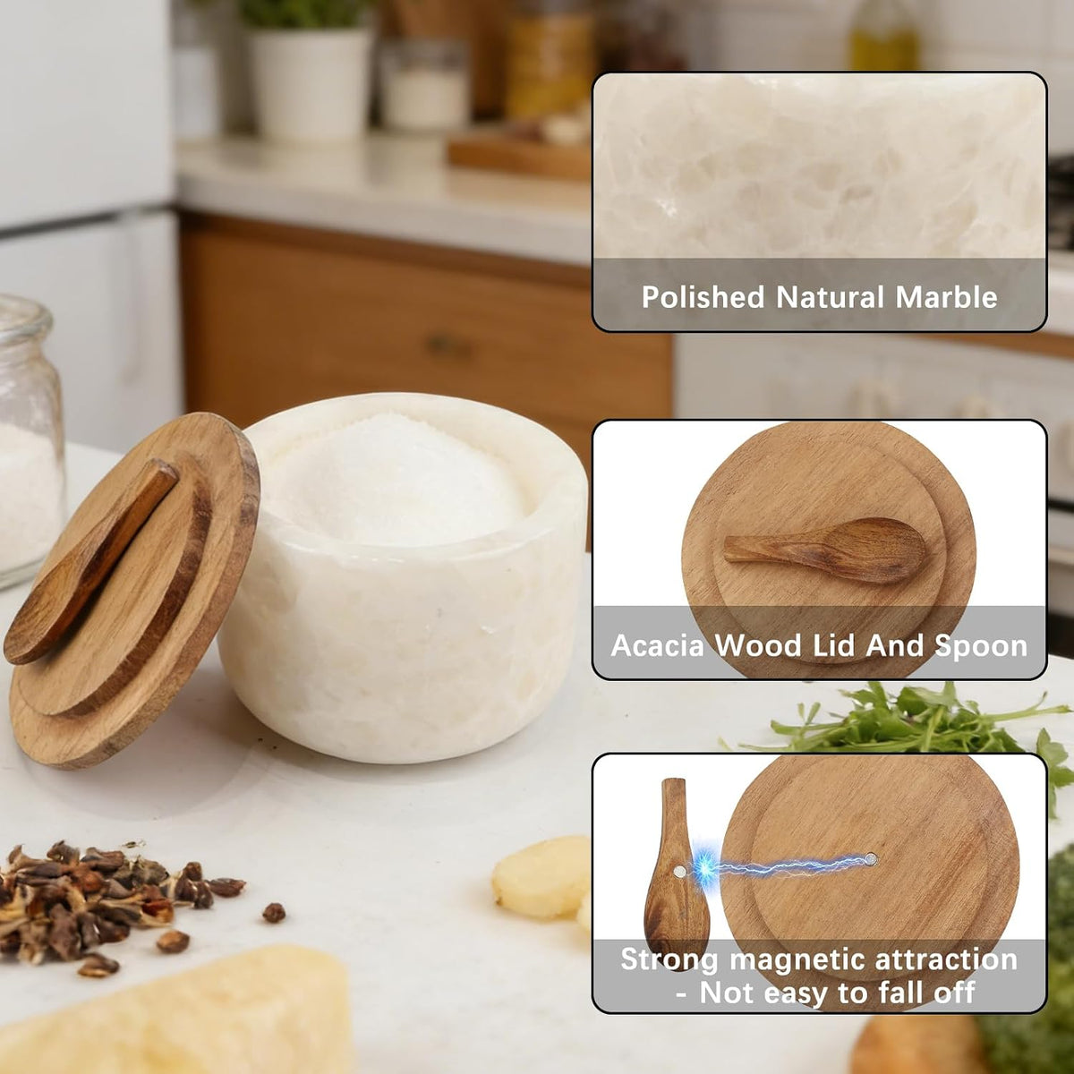 Salt and Pepper Spice Cellar, Marble Container for Coffee, Sugar, Spices and Candies, With Built-in Magnetic Attraction Spoon and Acacia Wood Lid, 6.5 oz (Snowflake White)