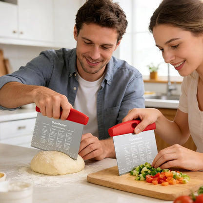 Ourokhome 2 Pack Bench Scraper Dough Cutter, Stainless Steel Dough Scraper with Laser-Etched Scale, Conversion Chart, Non-Slip Handle, Dishwasher Safe for Bread & Pastry, Black