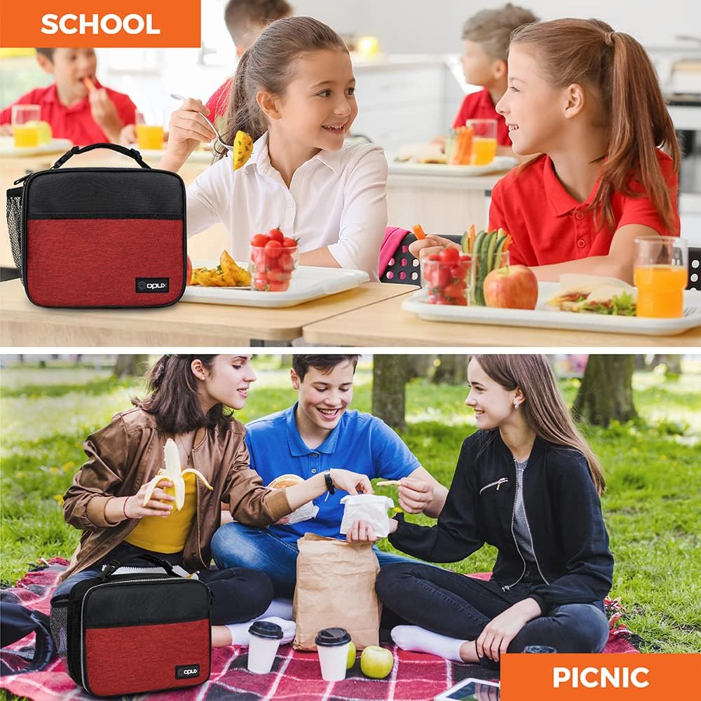 opux Insulated Lunch Bag Kids, Lunch Box for School Boy Girl, Leakproof Small Reusable Compact Soft Mini Cooler Bag, Toddler Small Lunch Boxes Kit Pail with Front Side Pockets (Purple)