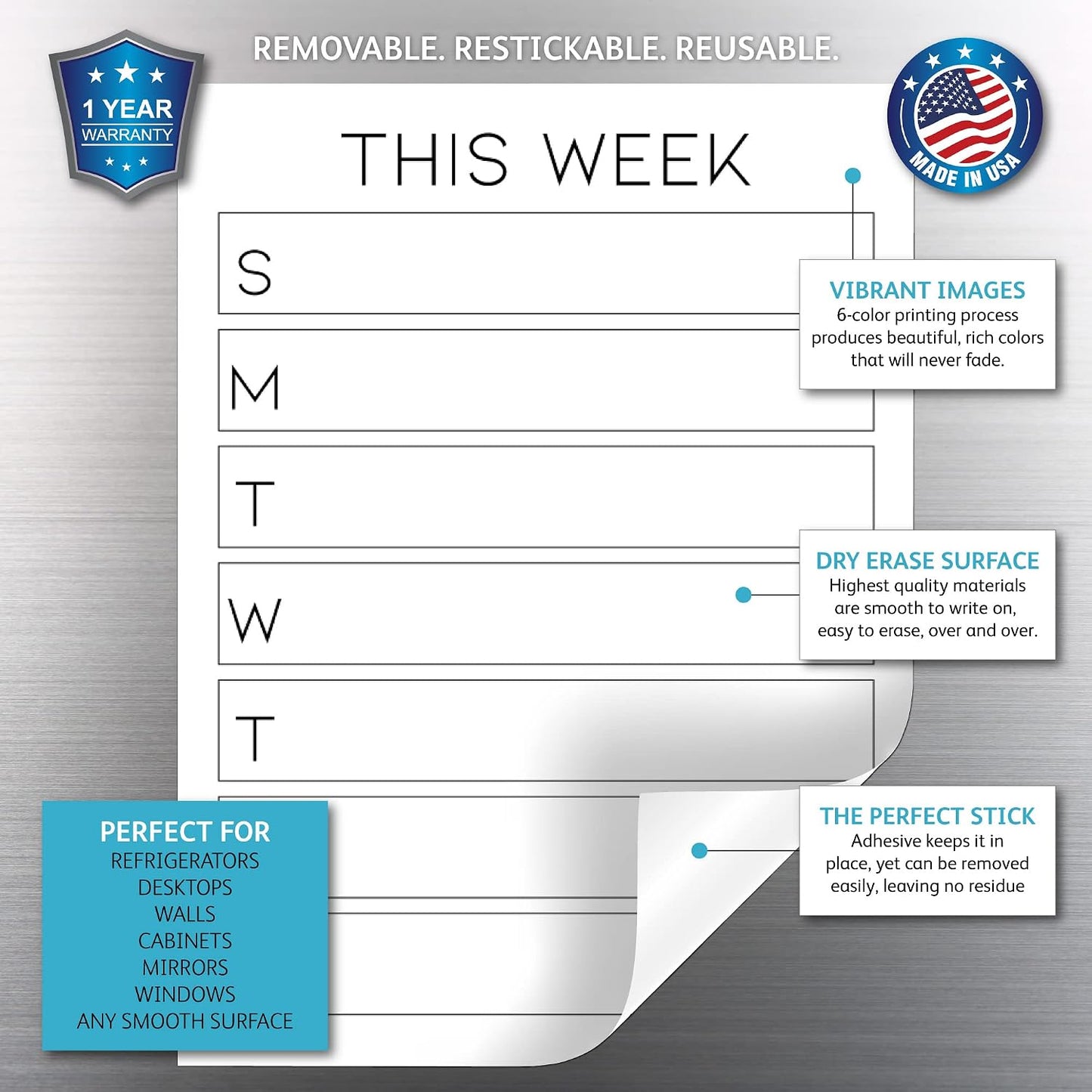 Dry Erase Weekly Calendar Planner Sticker Decal | Removable & Reusable | Magnetic Fine-Tip Marker Included (6 x 9 inches, White)