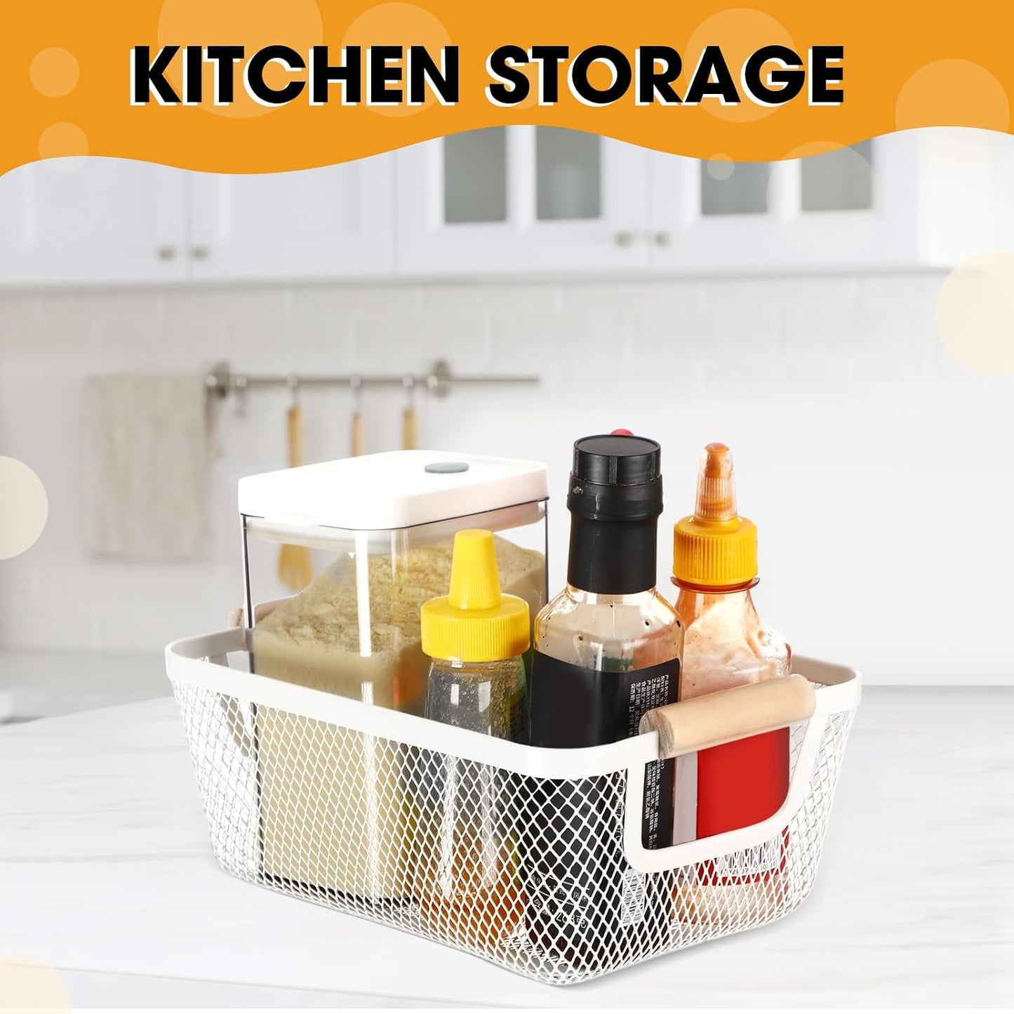 Ziliny 4 Pcs Metal Mesh Wire Baskets with Wooden Handles for Organizing, Pantry Organizers and Storage Steel Bin Kitchen Baskets for Fruit Potato Onion Snacks Bathroom Cabinet(Medium,Cream White)
